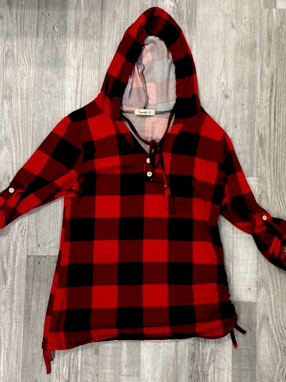 Cyanstyle Women’s Med Tartan Side Button  Sleeves Loose Pullover Tunic Hoodie
